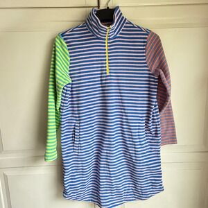 Lands End Fleece Pullover Dress Striped‎ Quarter Zip Funky Colorful Womens Small